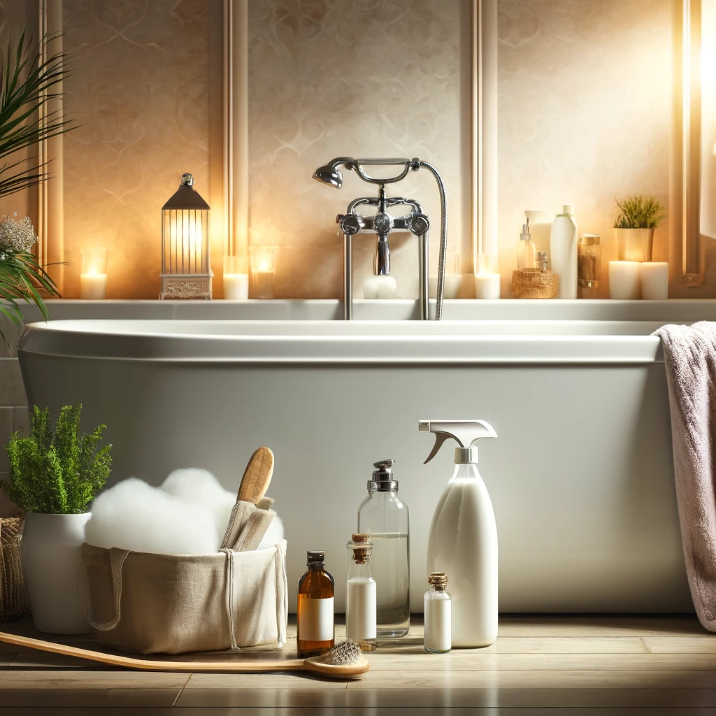 A SPARKLING CLEAN BATHTUB IN A MODERN BATHROOM, WITH SOFT LIGHTING AND NATURAL CLEANING PRODUCTS LIKE BAKING SODA, VINEGAR, AND ESSENTIAL OILS PLACED NEARBY. THE SCENE SHOULD EMPHASIZE CLEANLINESS AND ECO-FRIENDLY METHODS FOR MAINTAINING A PRISTINE TUB. ALT TEXT: 'HOW TO PROPERLY CLEAN YOUR BATHTUB'